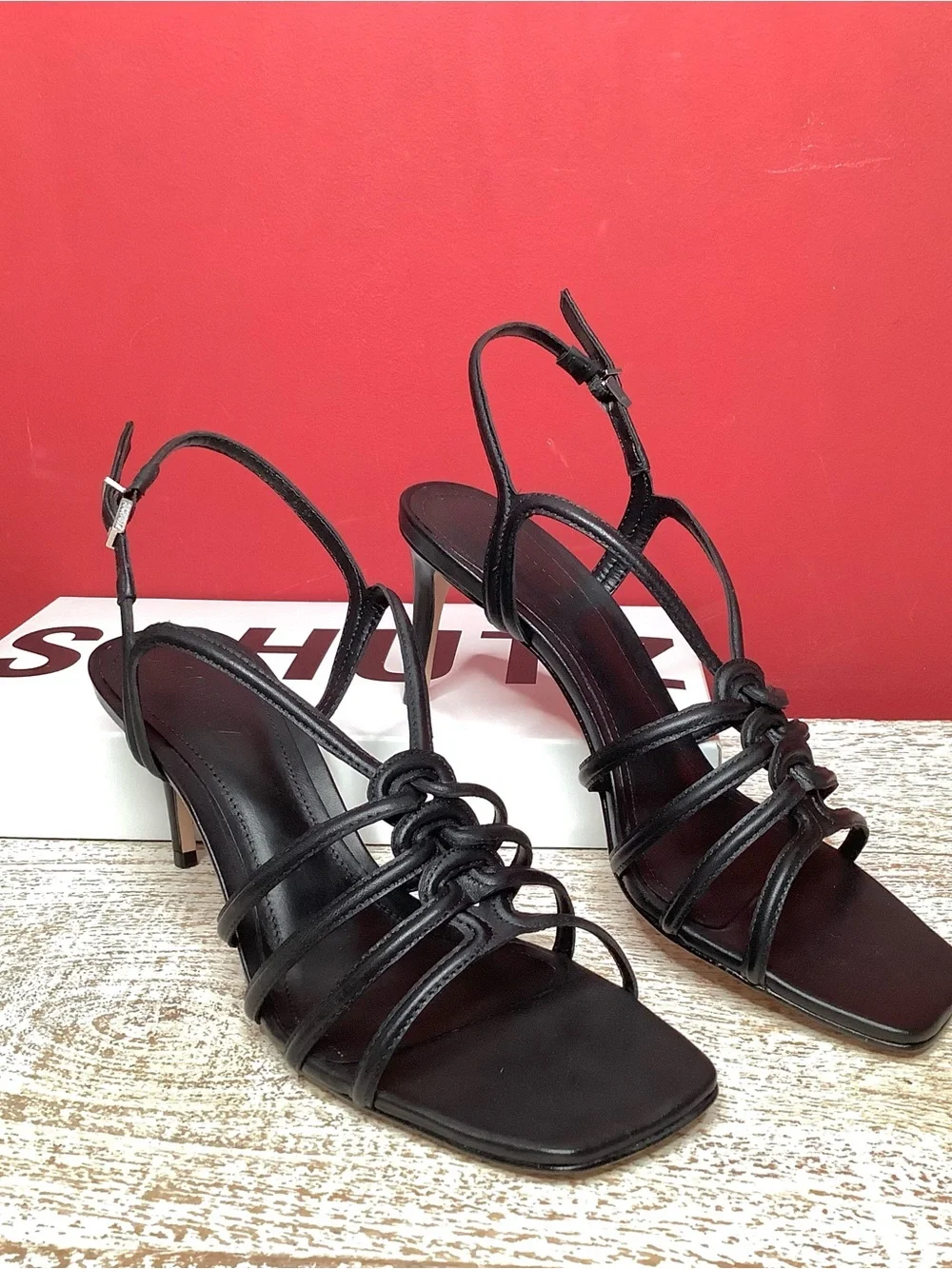 SCHUTZ Octavia Black Leather Knotted Strappy 3” Stiletto Sandals